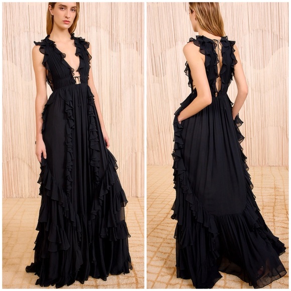 Ulla Johnson Dresses & Skirts - ULLA JOHNSON Florella Gown Noir Black Maxi Silk Gown Dress with Ruffles SZ US 8
